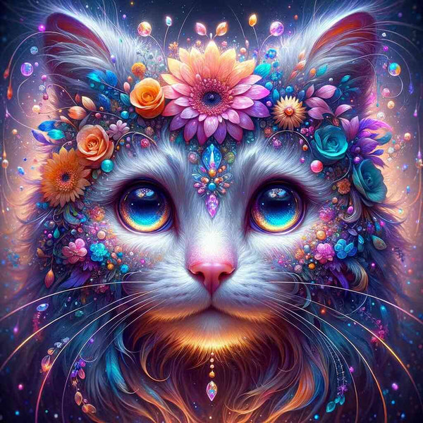 Fantastical cat adorned with colorful floral and gemstone ornaments, glowing eyes, and intricate details, inspired by the Malen nach Zahlen - Florale Träume eines Sternenwesens.