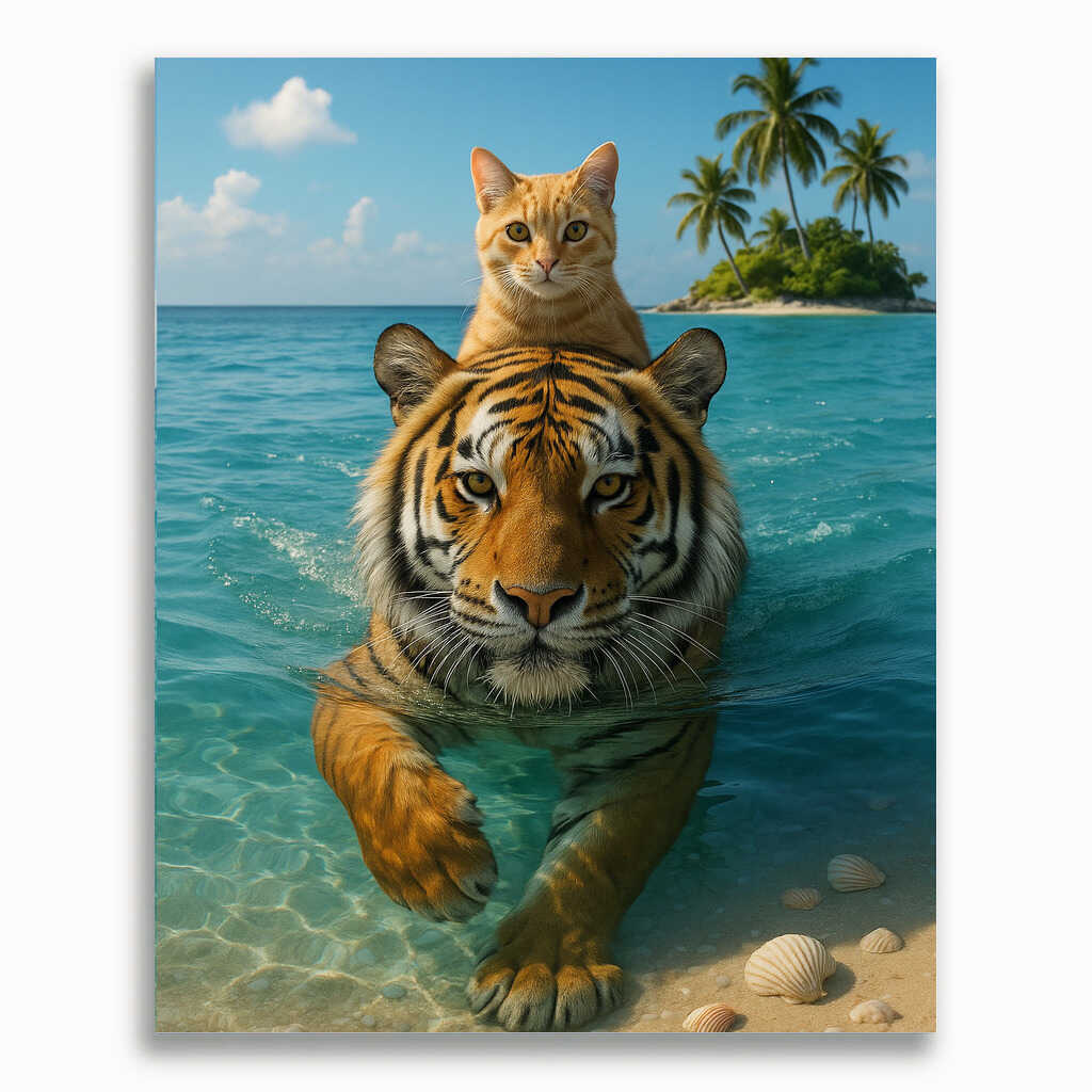 Malen nach Zahlen - Katze schwimmt auf Tiger durchs Meer