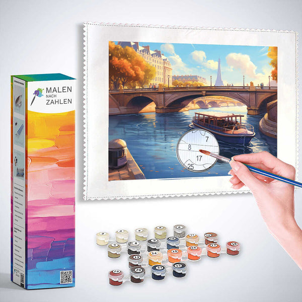 Malen nach Zahlen Set Pariser Herbstzauber mit Eiffelturm, Seine Fluss, Brücke und Bootsszene im Impressionismus-Stil