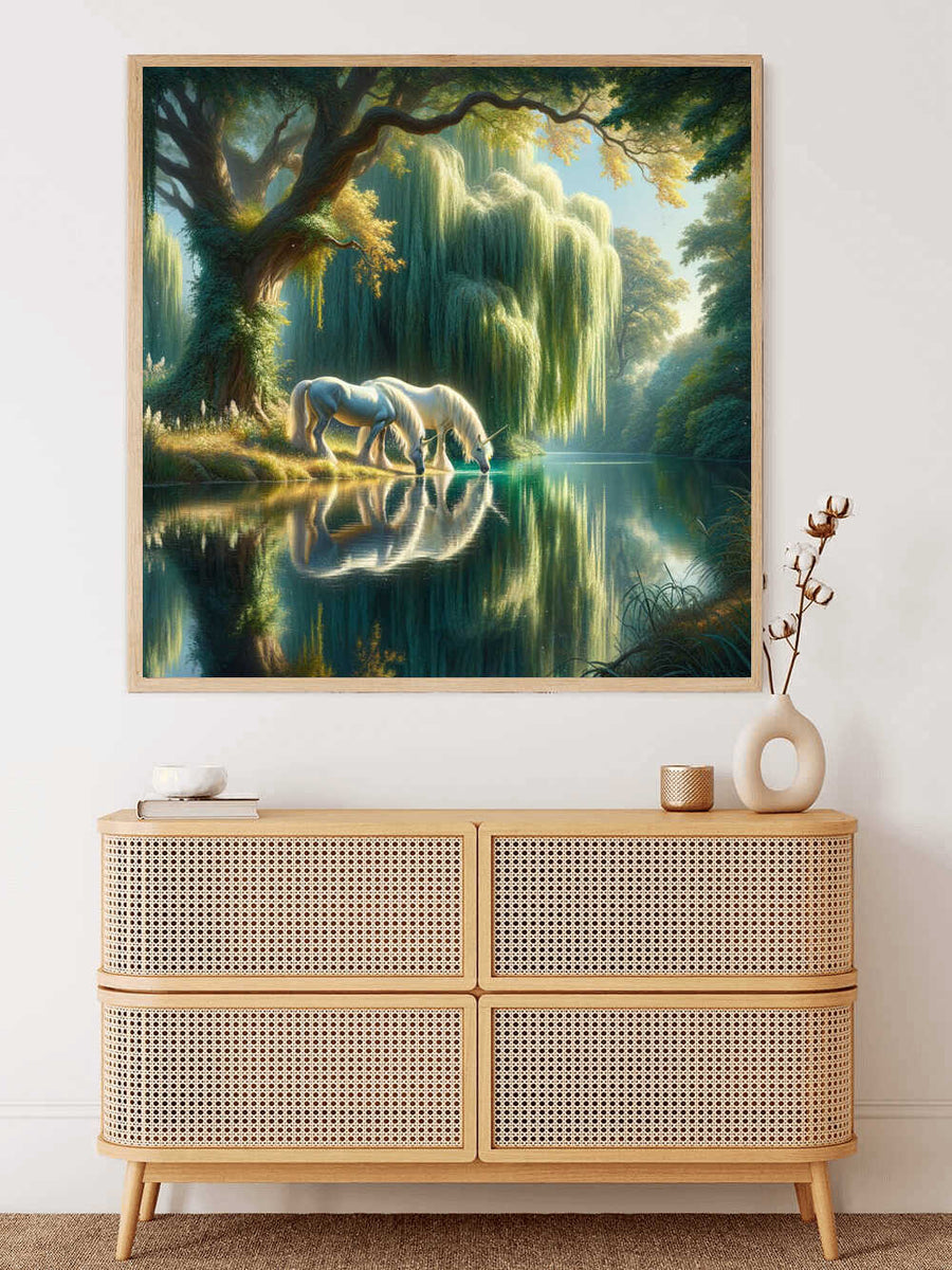 Painting of an enchanted forest clearing with lush greenery and two horses reflected in a serene pond, displayed above a wicker chest.