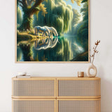 Painting of an enchanted forest clearing with lush greenery and two horses reflected in a serene pond, displayed above a wicker chest.