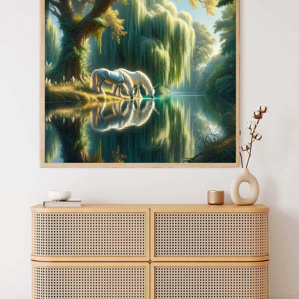Painting of an enchanted forest clearing with lush greenery and two horses reflected in a serene pond, displayed above a wicker chest.