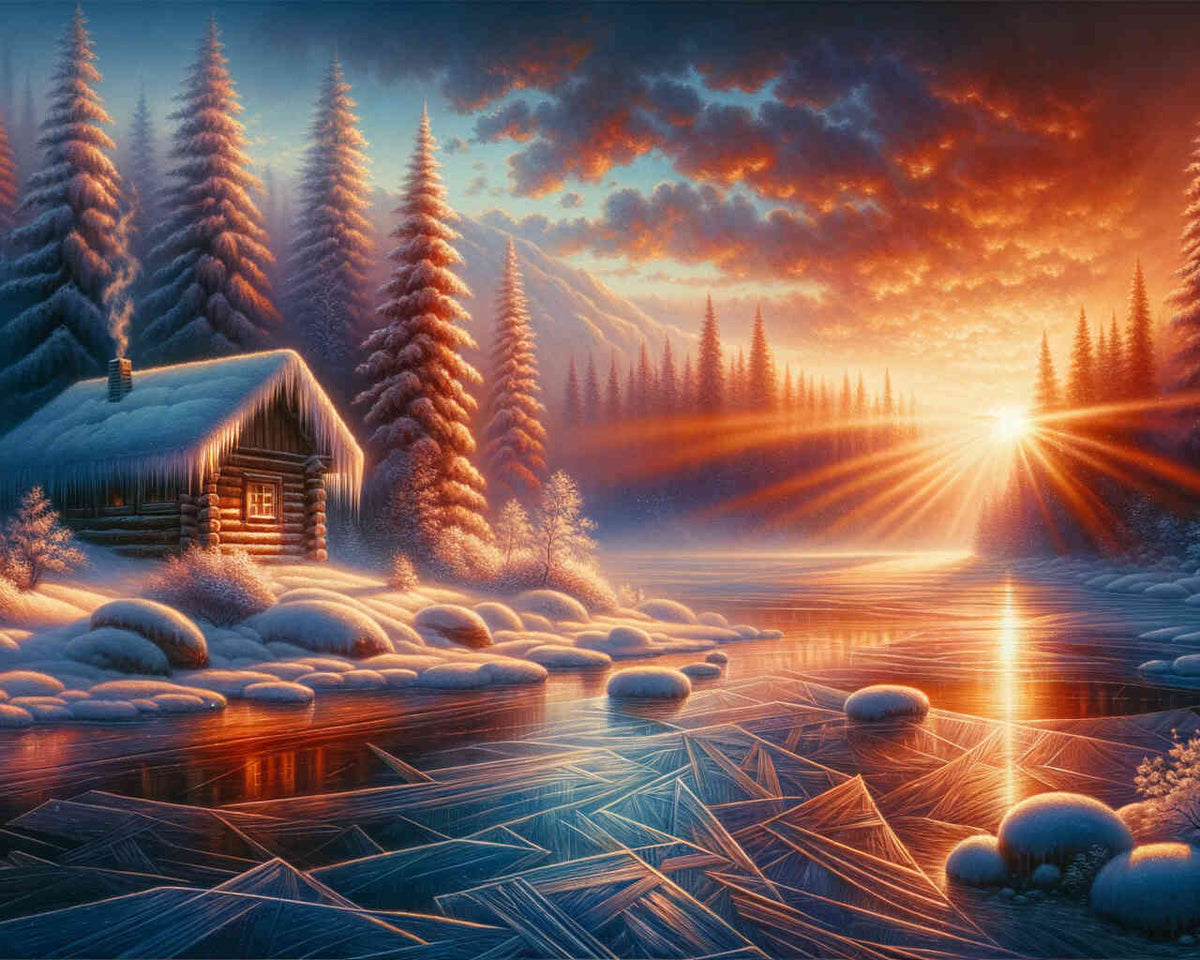 Haus im Winter, Abendrot - Malen nach Zahlen