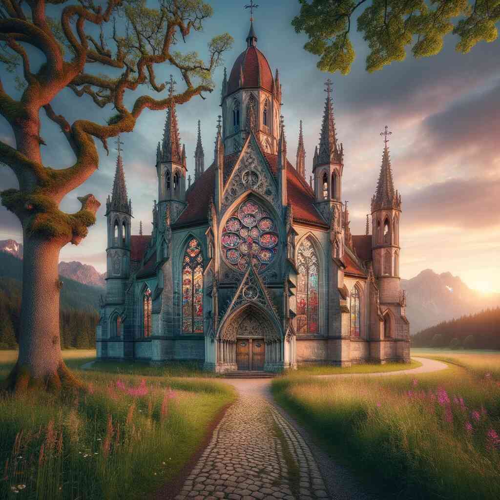 Painting of a majestic timeless cathedral awakening, surrounded by nature, as part of a paint-by-numbers kit for a relaxing artistic experience.