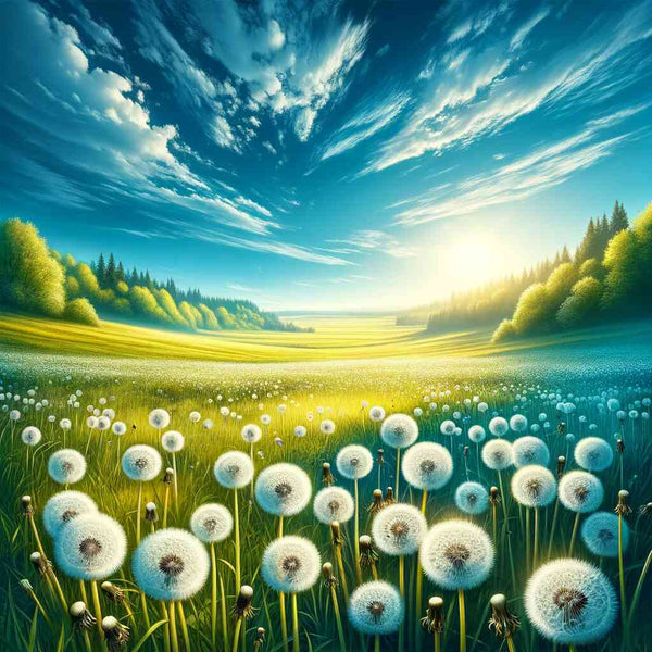 Sunrise over dandelion valley with colorful sky, promoting relaxation and creativity through paint by numbers.