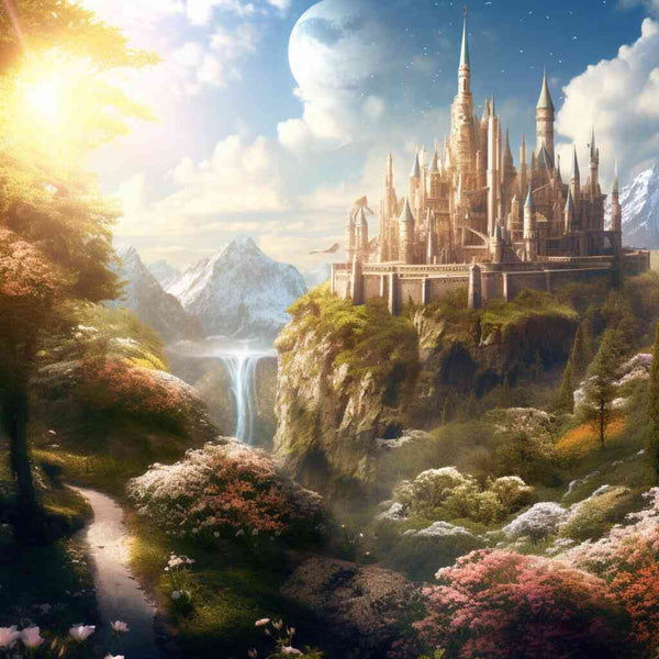 Malen nach Zahlen - Verzaubertes Königreich, majestätisches Schloss auf Klippe, goldene Sonnenstrahlen, rosa Blüten, blauer Himmel, Fantasy-Kunstwerk