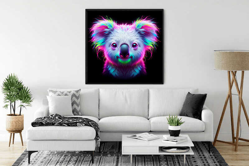 Modern living room with a vibrant, neon-colored koala painting on the wall above a white sofa.