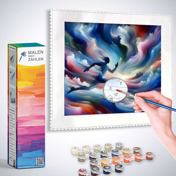 Painting by numbers set "Traumlauf durch Farbwirbel" with vibrant color swirls and a hand holding a brush, including paint pots and box.