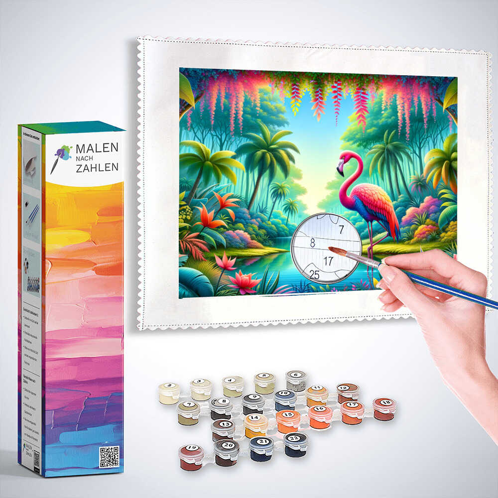 Malen nach Zahlen "Flamingo-Paradies" Set mit Pinseln, Farben und Leinwand, zeigt einen majestätischen Flamingo im bunten Dschungel.