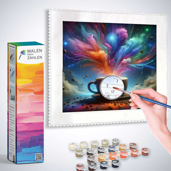 Paint by numbers cosmic coffee scene with vibrant colors, featuring a hand painting and including paints and a Malen nach Zahlen box.