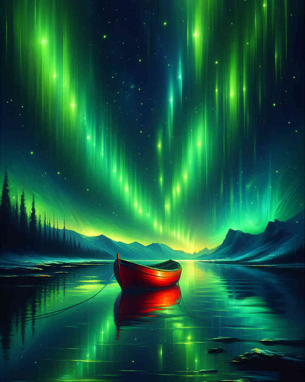 Malen nach Zahlen - Polarlichter, Rotes Boot
