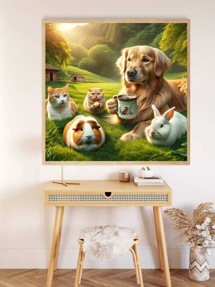 Painting of a dog and various small animals enjoying a coffee break in a scenic green countryside.