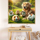 Painting of a dog and various small animals enjoying a coffee break in a scenic green countryside.