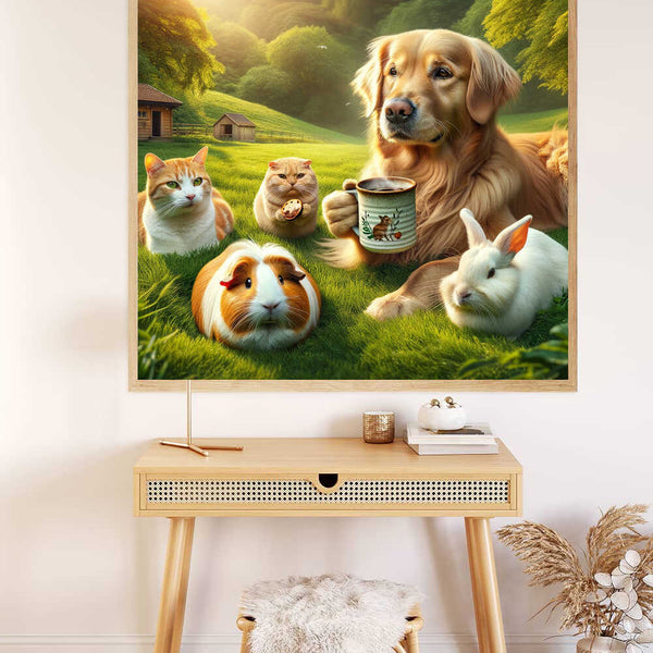 Painting of a dog and various small animals enjoying a coffee break in a scenic green countryside.
