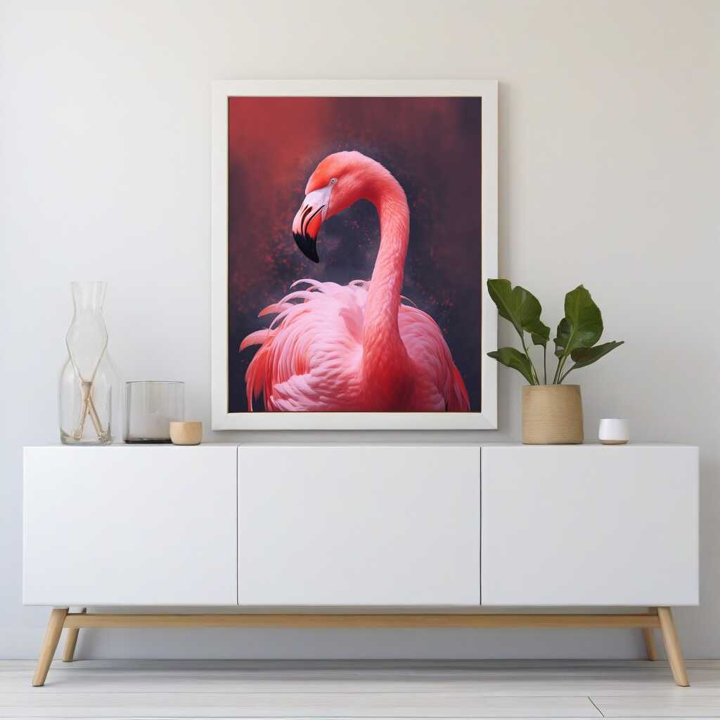 Majestic flamingo painting in warm red tones, showcasing romantic realism and tranquility, perfect for nature-themed decor.