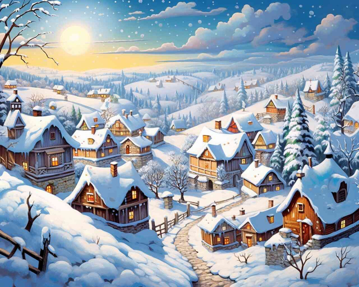 Ein friedvolles, verschneites Dorf im Winter mit Holzhäusern und dichter Schneedecke, im sanften Schein der Wintersonne.