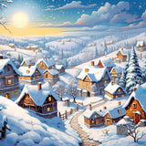 Ein friedvolles, verschneites Dorf im Winter mit Holzhäusern und dichter Schneedecke, im sanften Schein der Wintersonne.