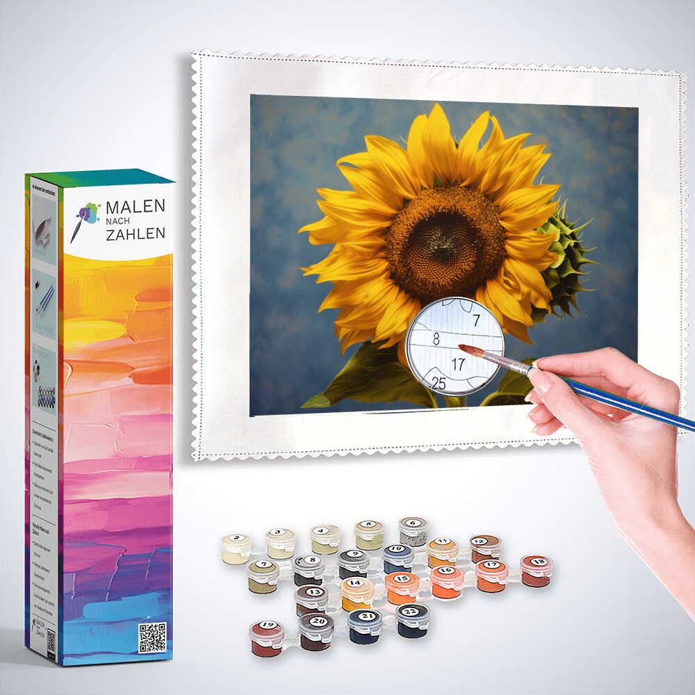 "Malen nach Zahlen - Sonnentanz Set zeigt eine leuchtend gelbe Sonnenblume vor einem azurblauen Hintergrund, neben Pinsel und Farben"