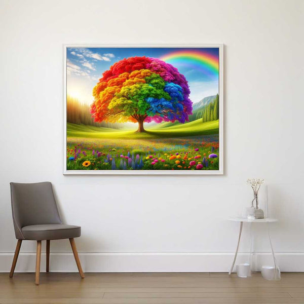 Buntes Malen-nach-Zahlen-Kunstwerk von einem majestätischen Baum auf blühender Wiese, mit Regenbogen im Hintergrund, strahlend an der Wand präsentiert