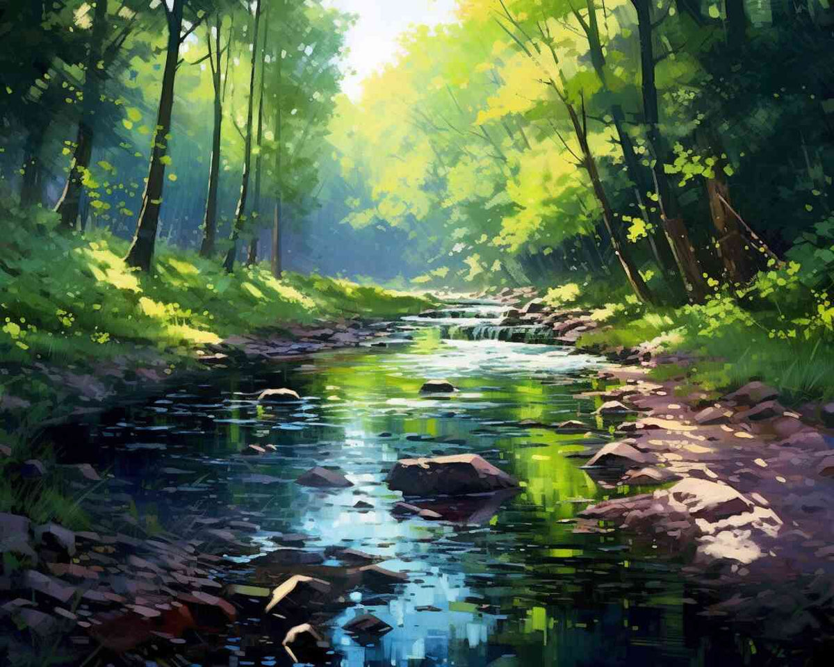 Malen nach Zahlen - Waldflüstern im Morgenlicht: Impressionistischer Wald mit klarem Bach, Sonnenlicht und lebhaften Grün.