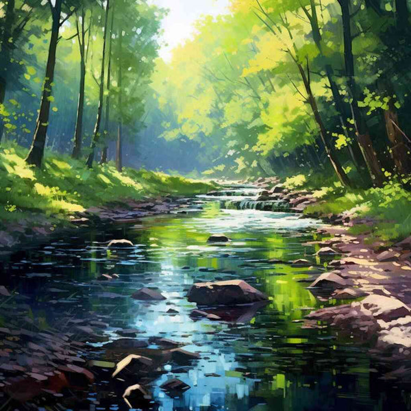 Malen nach Zahlen - Waldflüstern im Morgenlicht: Impressionistischer Wald mit klarem Bach, Sonnenlicht und lebhaften Grün.