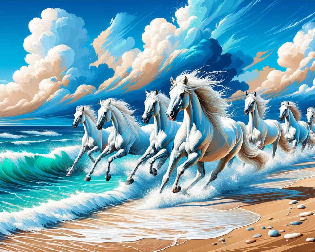 Weiße Pferde, Meer – Malen nach Zahlen