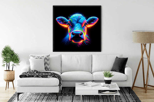 Neon cow painting hanging on wall above white sofa in stylish living room with plants and decor elements