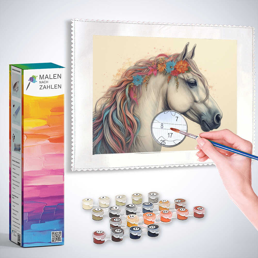 Malen nach Zahlen Set mit weißem Pferd und Blumenkranz, harmonische Farbtöne, fließende Linien und detailreiche Illustration, florale Eleganz im Wind