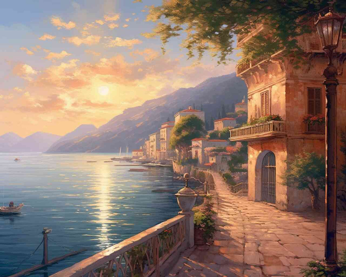 Mediterranean seaside village at sunset with honey-colored buildings, calm water, and pastel skies in an impressionist painting style.