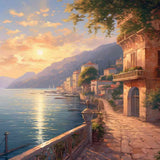Mediterranean seaside village at sunset with honey-colored buildings, calm water, and pastel skies in an impressionist painting style.