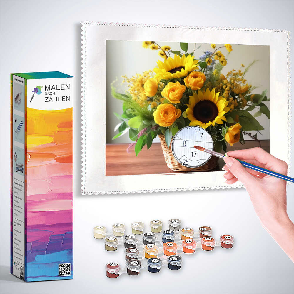 Malen nach Zahlen Set - Strahlende Sonnenblumen und Blumenstrauß in Weidenkorb zum Ausmalen mit Farben und Pinsel
