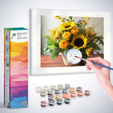 Malen nach Zahlen Set - Strahlende Sonnenblumen und Blumenstrauß in Weidenkorb zum Ausmalen mit Farben und Pinsel