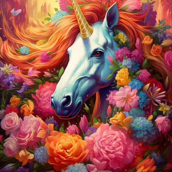 Ein Einhorn mit goldfarbenem Horn, umgeben von farbenprächtigen Blumen im Zauberwald, romantisches Malen nach Zahlen Kunstwerk.