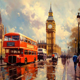Impressionistisches Gemälde eines regnerischen Tages in London mit Big Ben, rotem Doppeldeckerbus und lebendigen Reflexionen auf nassen Straßen