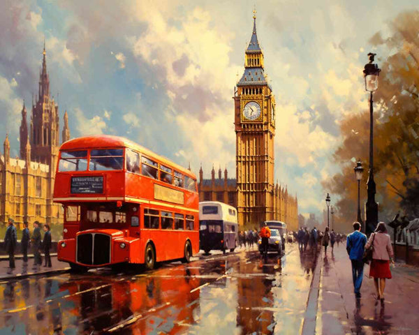 Impressionistisches Gemälde eines regnerischen Tages in London mit Big Ben, rotem Doppeldeckerbus und lebendigen Reflexionen auf nassen Straßen