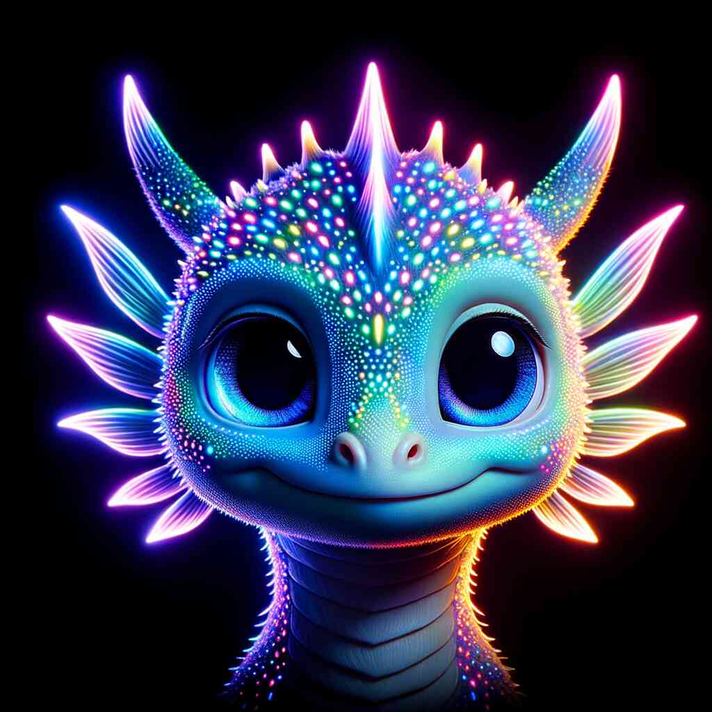 Vibrant neon-colored dragon with large expressive eyes on a dark background