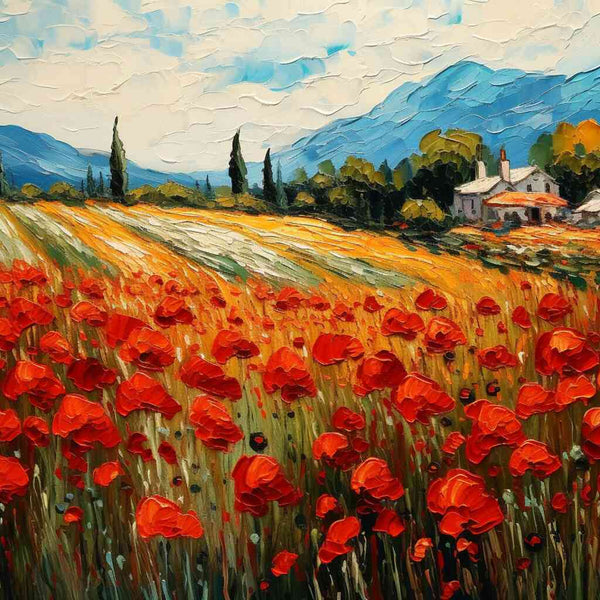 Ein endloses Feld leuchtender Mohnblüten unter dramatischem Himmel mit sanften Hügeln und einer einsamen Villa im Hintergrund.