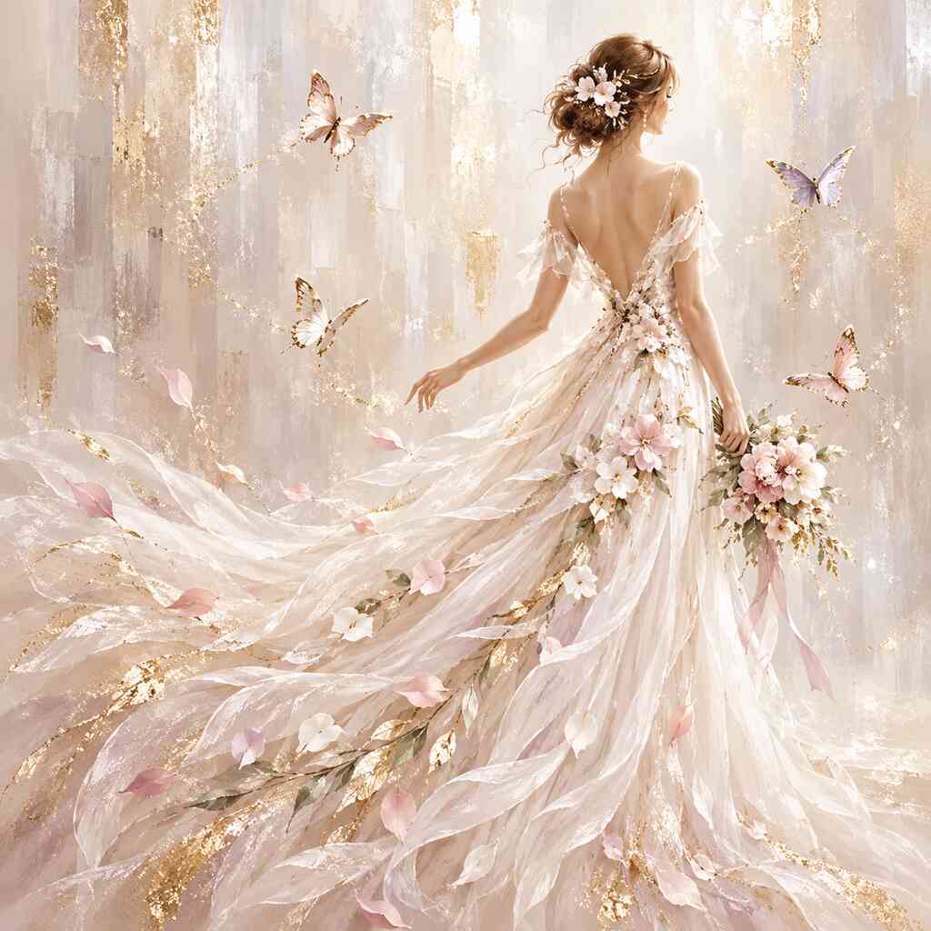 Malen nach Zahlen - Frau mit weißem Kleid, Schmetterlinge und Blumen