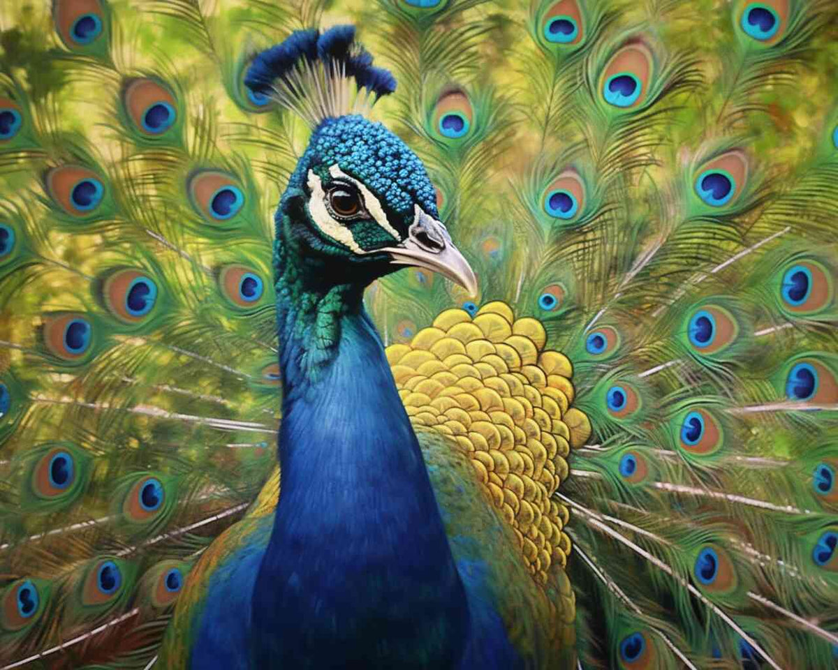 A majestic portrait of a peacock with vibrant blue feathers and golden details, showcasing intricate and elegant plumage against a nature backdrop.