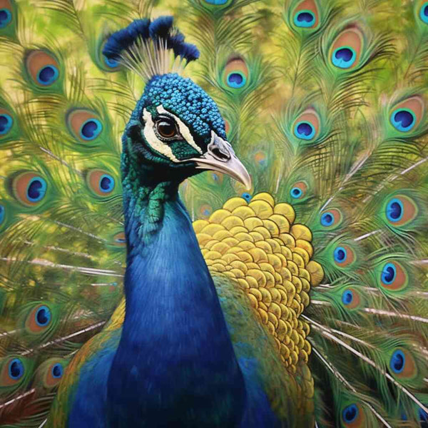 A majestic portrait of a peacock with vibrant blue feathers and golden details, showcasing intricate and elegant plumage against a nature backdrop.