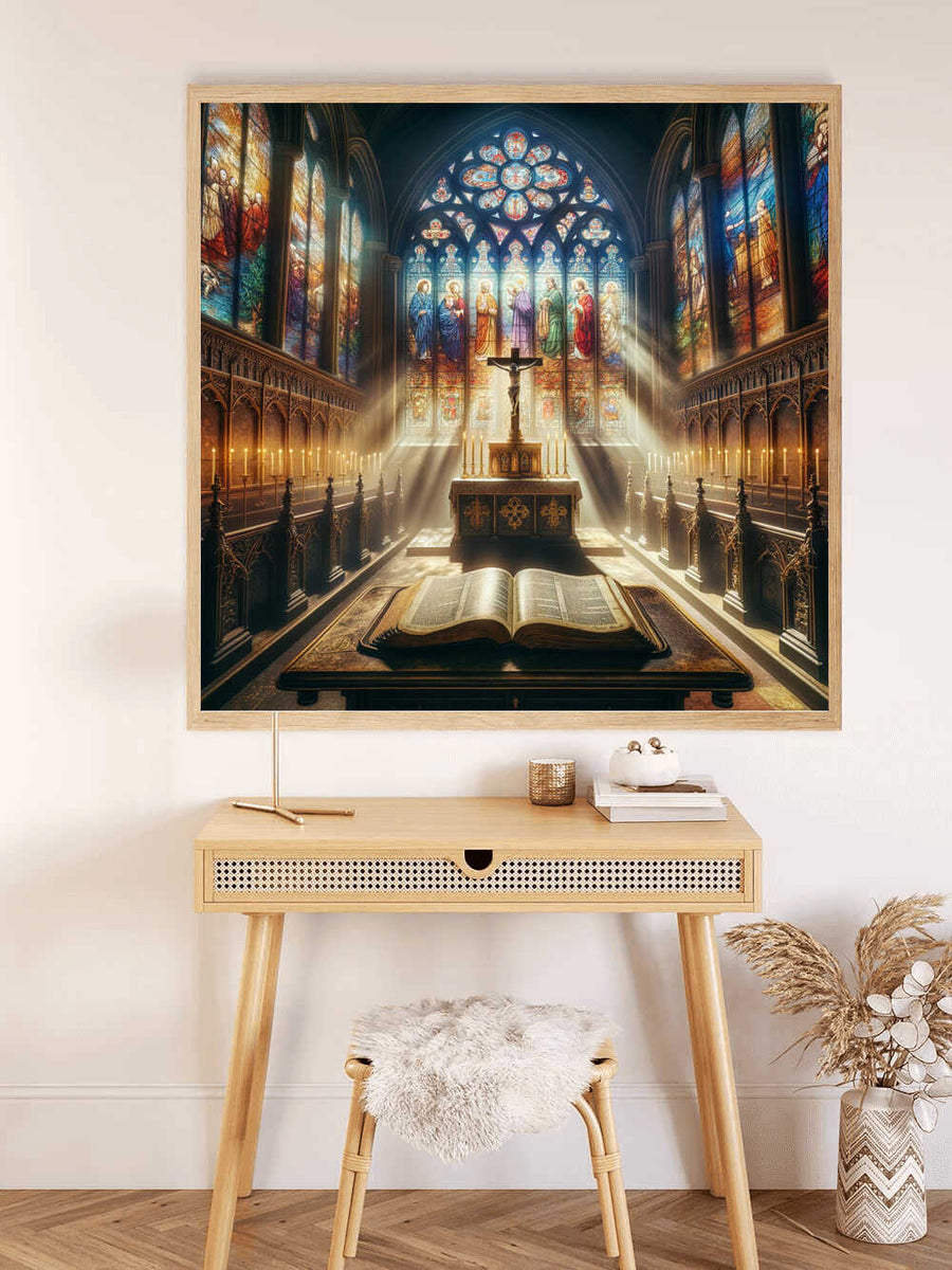 "Malen nach Zahlen Gemälde von einem erleuchteten Heiligtum mit einem Altar und offenen Bibel, entspannende Wirkung des Malens"