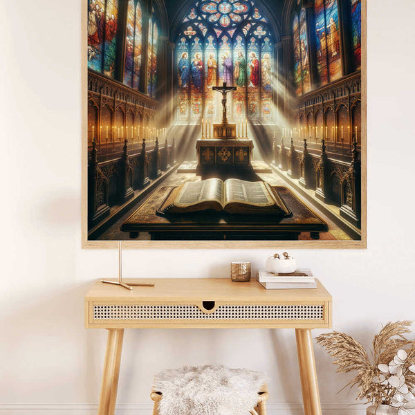 "Malen nach Zahlen Gemälde von einem erleuchteten Heiligtum mit einem Altar und offenen Bibel, entspannende Wirkung des Malens"