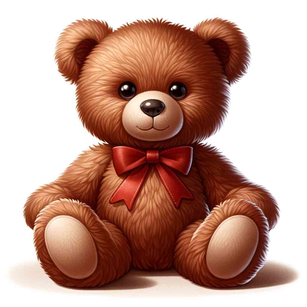 Cute brown teddy bear with a red bow sitting on a white background.