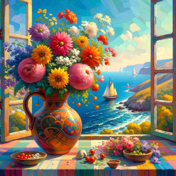Painting by numbers of a Mediterranean window view with vibrant flowers, a decorated vase, and sailboats on a sunny sea.