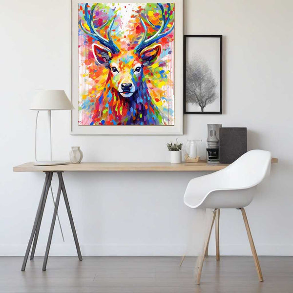 Malen nach Zahlen Kunstwerk "Farbenpracht des Waldes" zeigt Hirsch in Regenbogenfarben, aufgehängt über einem modernen Schreibtisch.