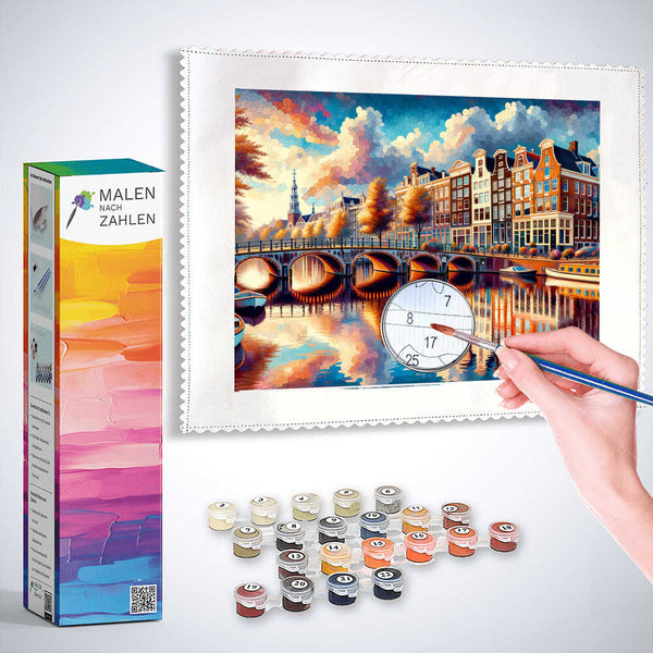 Amsterdamm, Häuserreihe mit Brücke – Malen nach Zahlen