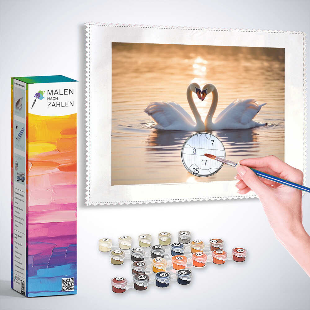Malen nach Zahlen Set "Verborgene Zärtlichkeit im Abendlicht", zeigt zwei Schwäne in herzförmiger Umarmung bei Sonnenuntergang, Schwanenliebe.