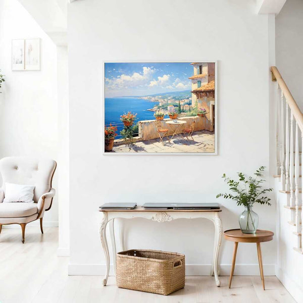 Painting of a Mediterranean coastal view on a terrace with chairs, vibrant flowers in orange and lilac tones, and a view of the blue sea.
