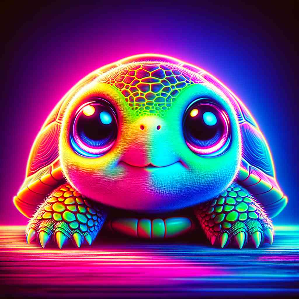 Neon-colored turtle artwork with vibrant hues and glowing details against a dark background.