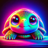 Neon-colored turtle artwork with vibrant hues and glowing details against a dark background.